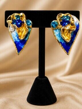 Vintage Signed Amy Lacombe 1988 Statement Clip On Earrings Blue 24K Gold